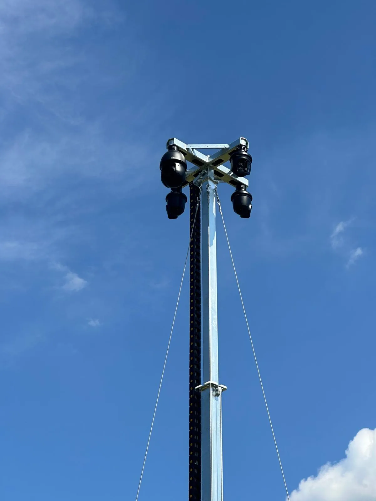 Camerakop met meerdere camera's boven op een tijdelijke mast tegen een blauwe lucht