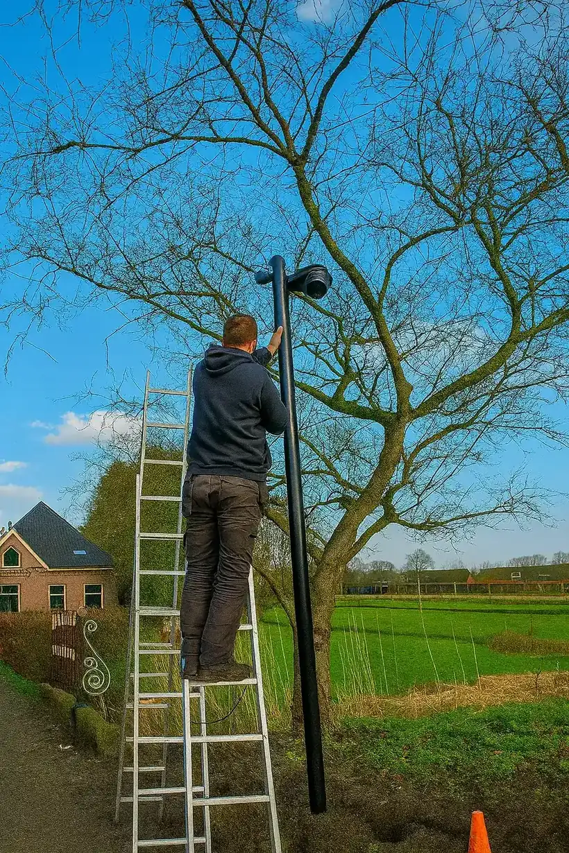 Monteur op een ladder die een camera afstelt op een paal in een open veld